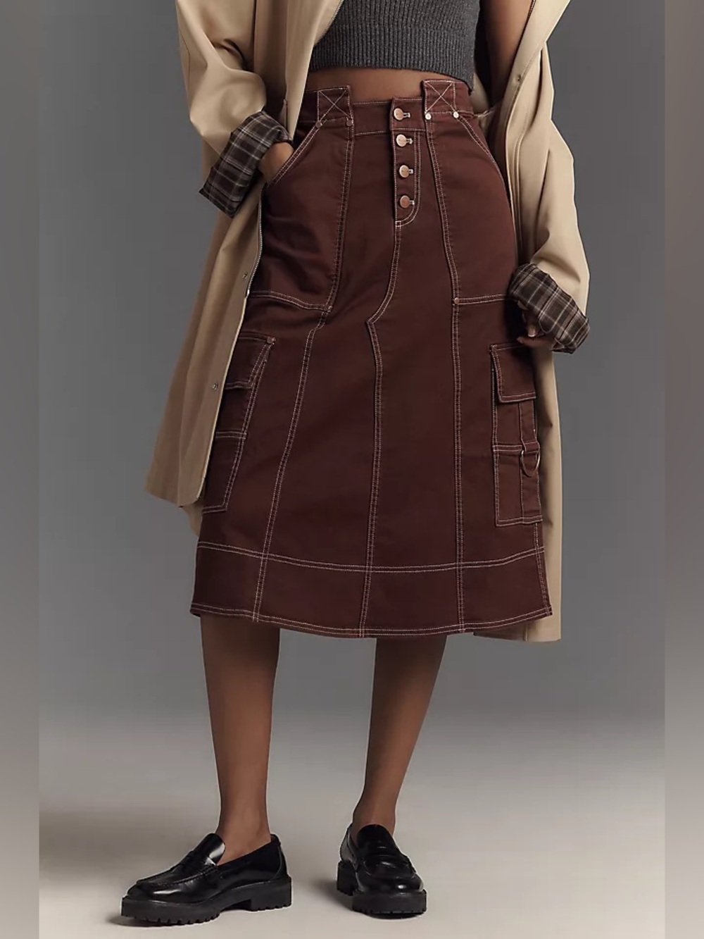 ANTHROPOLOGIE Pilcro Reworked Utility Midi Skirt in Brown Size 4